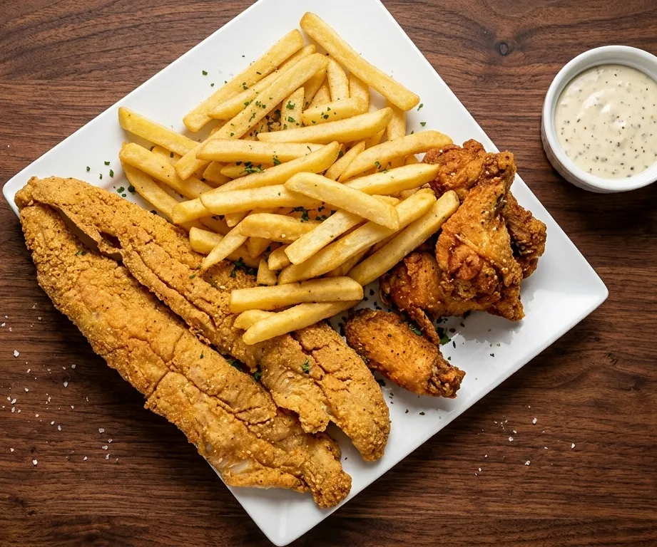 Fish and chicken combo at Jackson Heights Fish And Chips Winnipeg - battered fish and fried chicken with chips