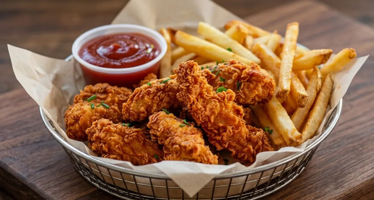 Chicken and fries at Jackson Heights Fish And Chips Winnipeg - crispy fried chicken with fresh-cut fries